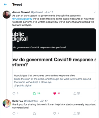 screen grab showing a response to james' tweet about the work. reply says: thank you for sharing this work! it can help kick start some really important conversations!